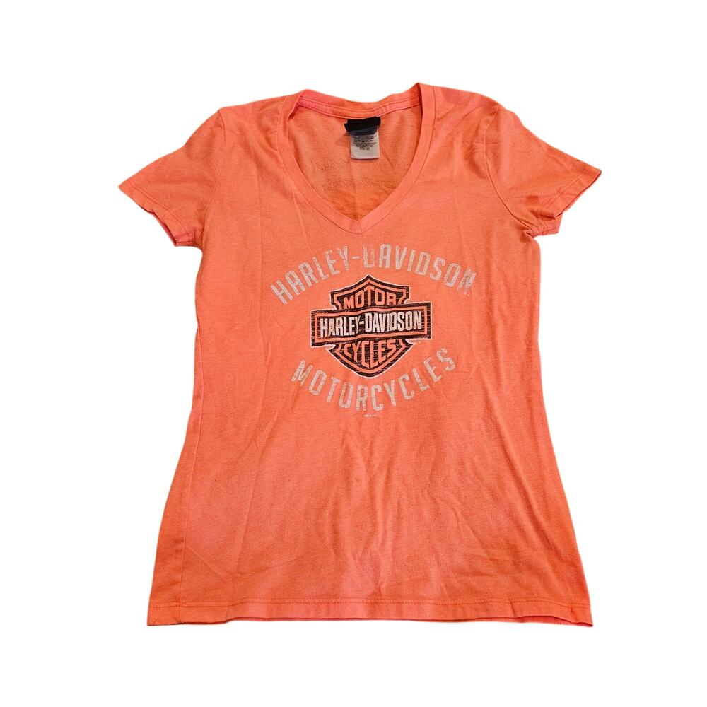 Harley-Davidson Women's Orange Graphic V-Neck T-Shirt XS Nags Head NC USA